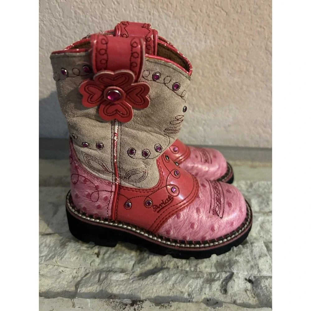 Youth Girl's Size 8.5 Ariat Fatbaby Cowgirl Boots Pink Flower Rhinestone